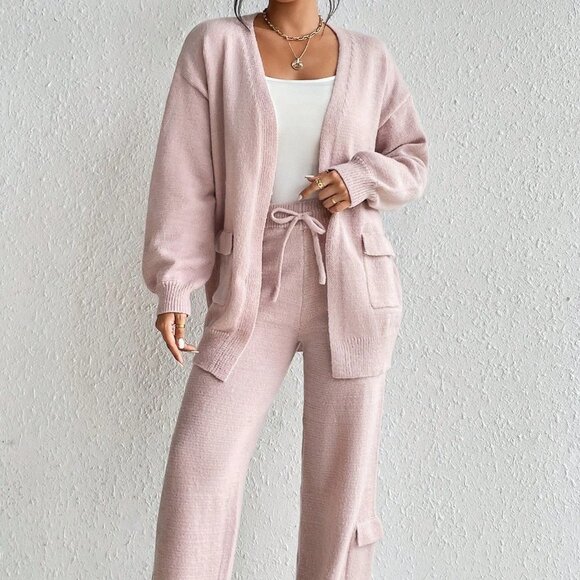 Pink Casual Womens Drop Shoulder Cardigan & Tie Front Knit Pants - Picture 1 of 6